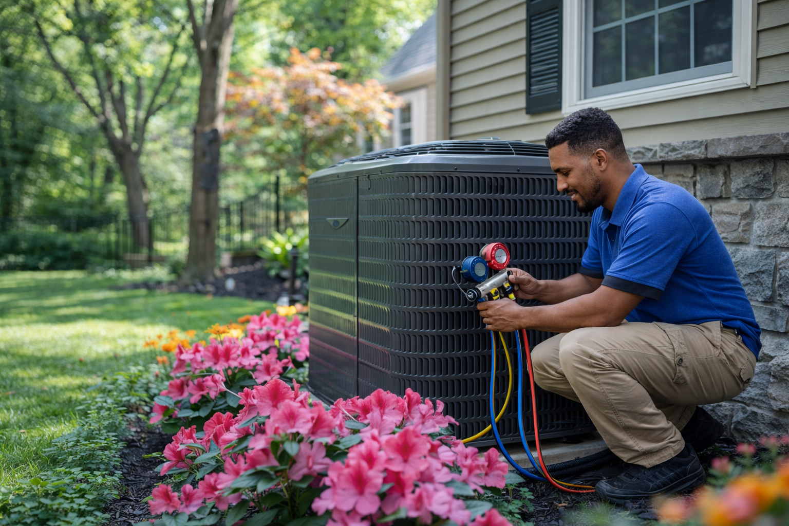 Technician checking refrigerant pressures on an outdoor unit beside a garden