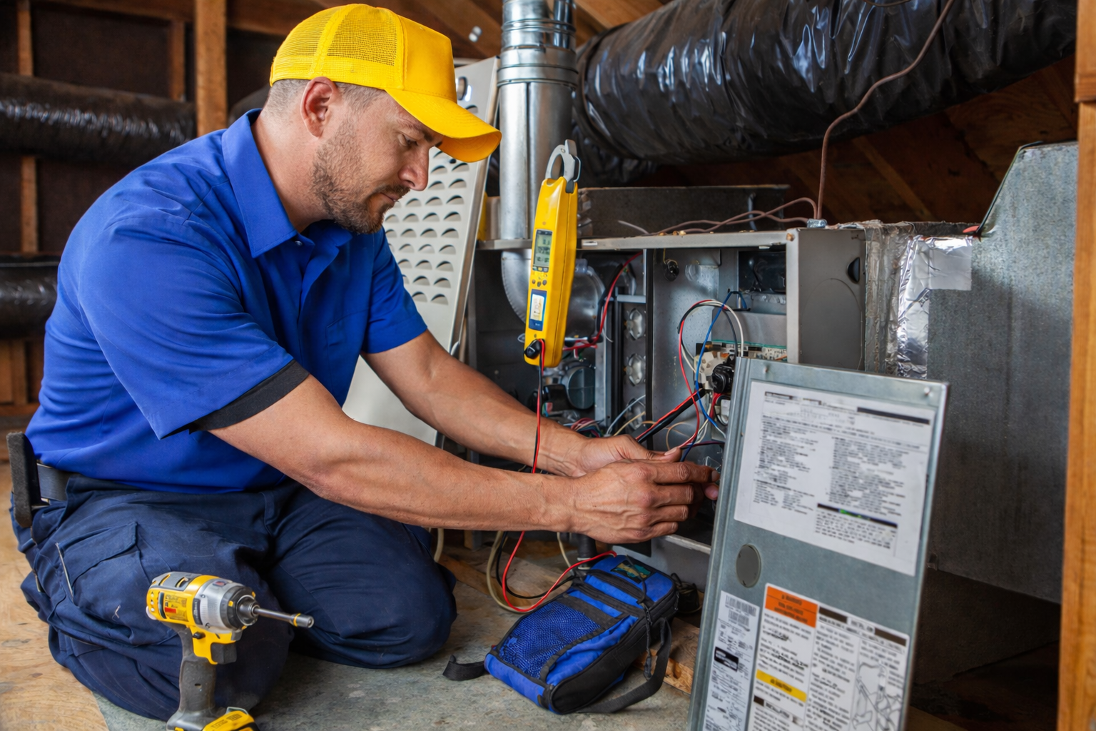 Technician testing components inside an open furnace cabinet