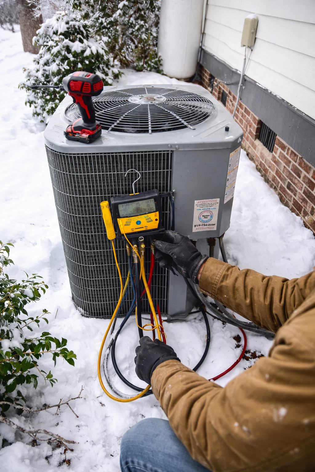 Gloved technician taking a reading from an outdoor unit surrounded by snow